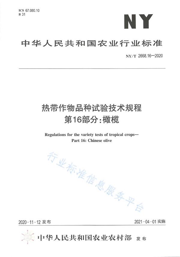 热带作物品种试验技术规程 第16部分： 橄榄 (NY/T 2668.16-2020)