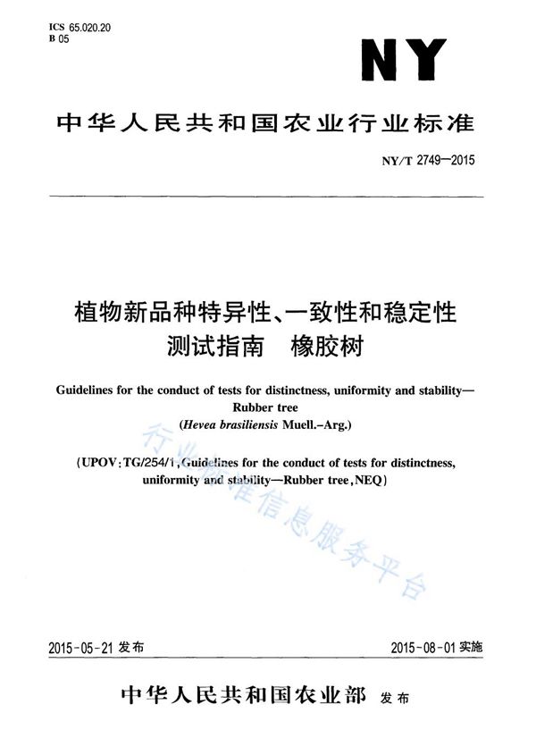植物新品种特异性、一致性和稳定性测试指南 橡胶树 (NY/T 2749-2015)
