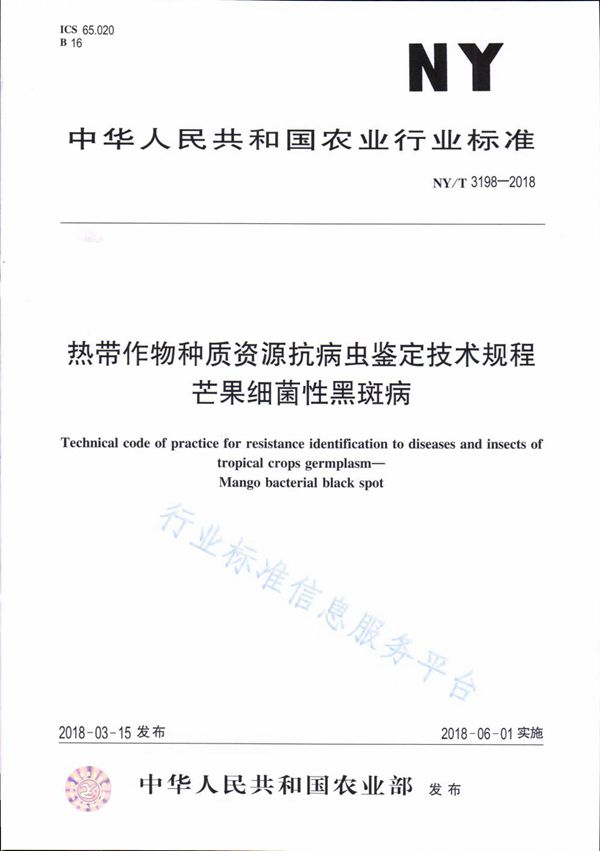 热带作物种质资源抗病虫鉴定技术规程 芒果细菌性黑斑病 (NY/T 3198-2018)