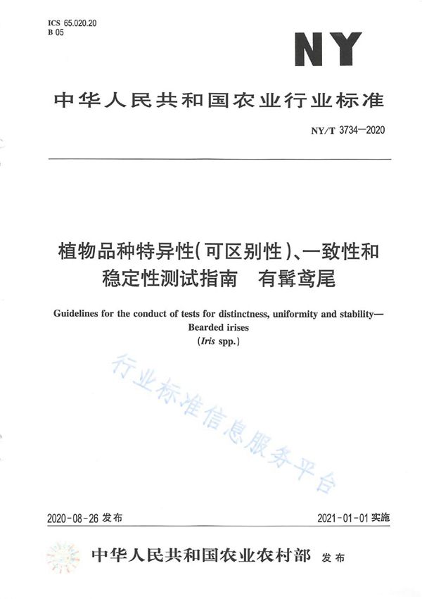 植物品种特异性（可区别性）、一致性和稳定性测试指南有髯鸢尾 (NY/T 3734-2020)