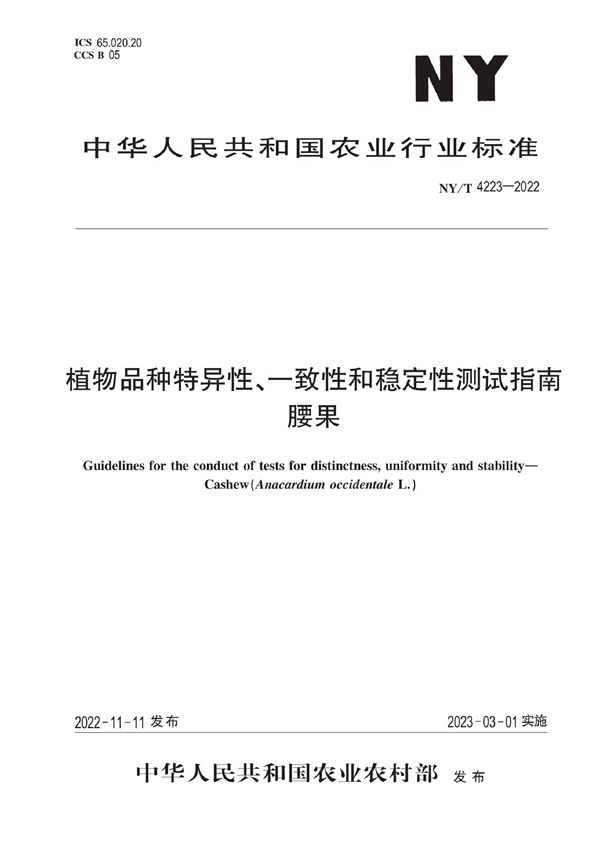 植物品种特异性、一致性和稳定性测试指南 腰果 (NY/T 4223-2022)