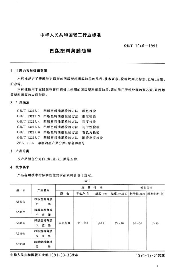 凹版塑料薄膜油墨 (QB 1046-1991）