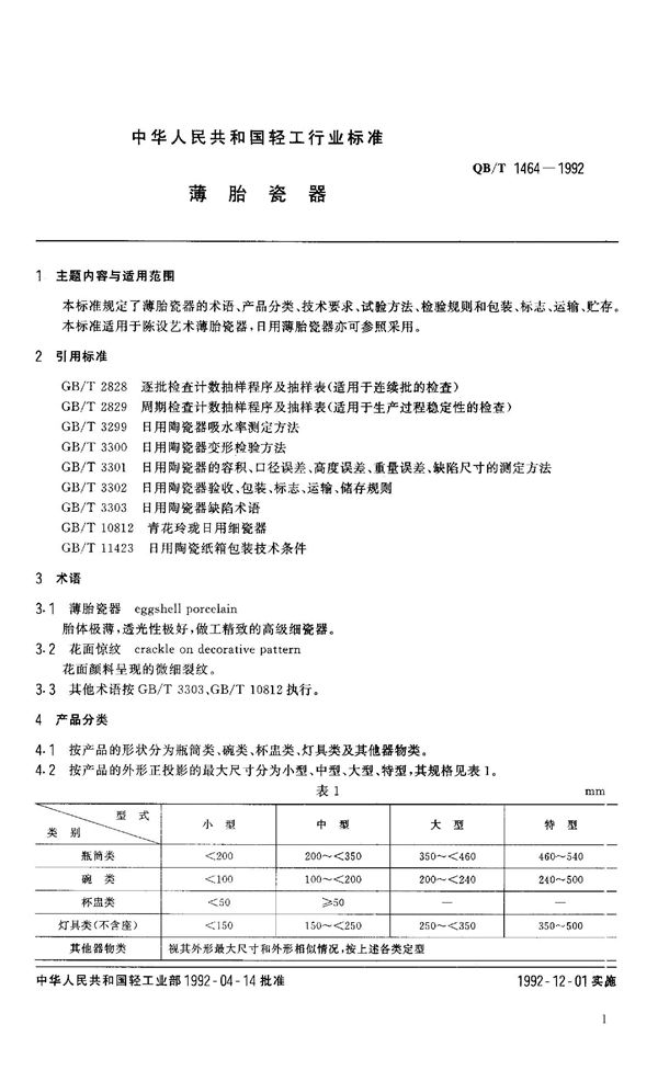 薄胎瓷器 (QB 1464-1992）