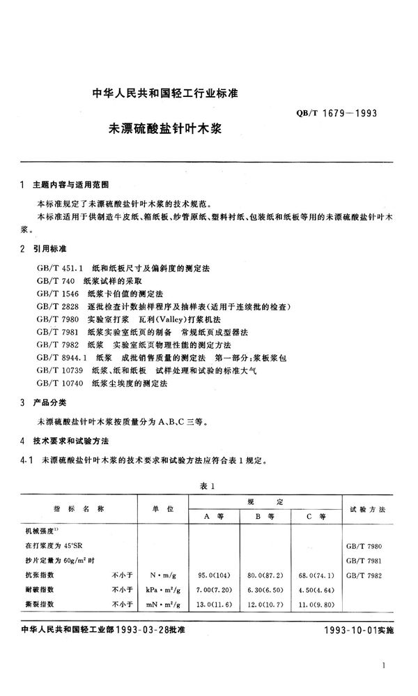 未漂白硫酸盐针叶木桨 (QB 1679-1993）