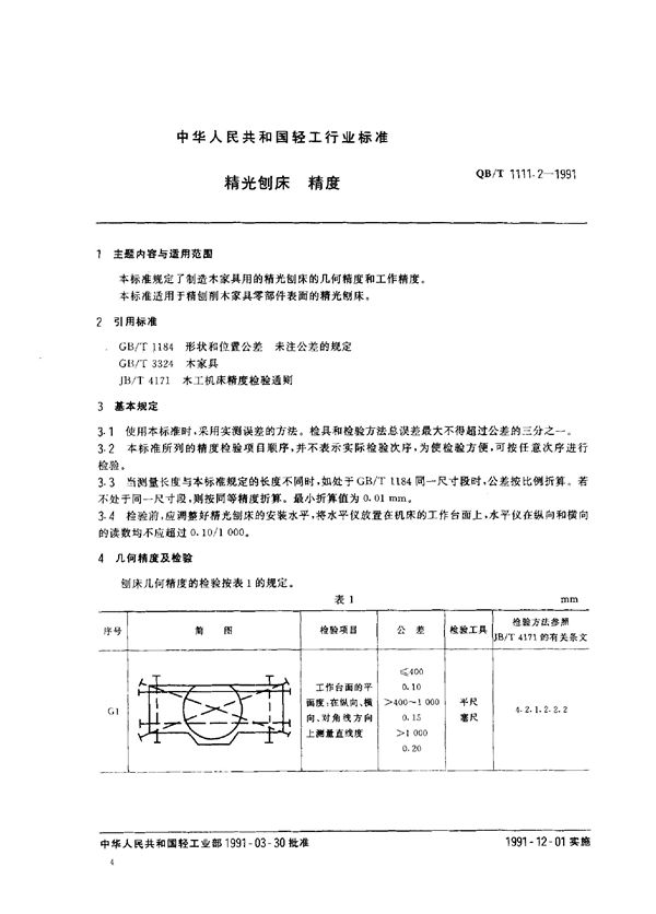 精光刨床 精度 (QB/T 1111.2-1991)