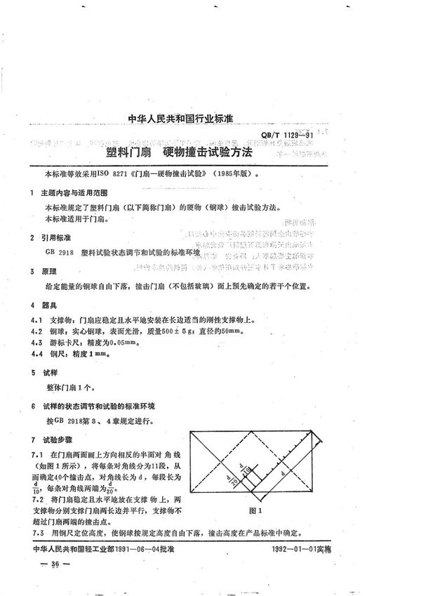 塑料门扇-硬物撞击试验方法 (QB/T 1129-1991）