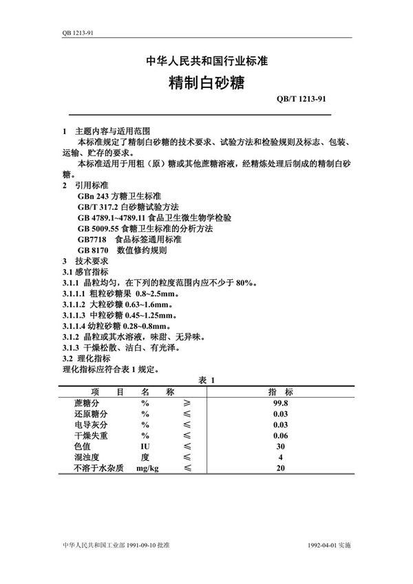 精制白砂糖 (QB/T 1213-1991)