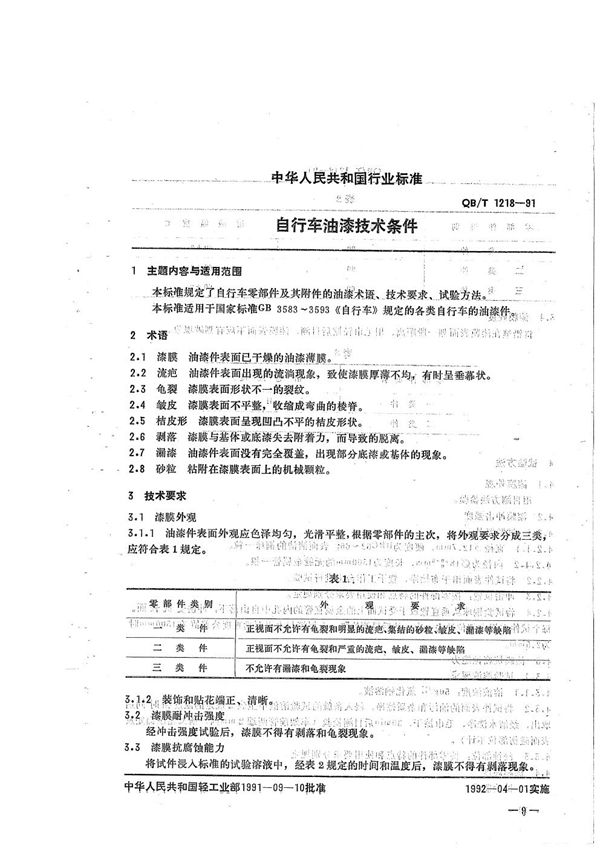 自行车油漆技术条件 (QB/T 1218-1991）