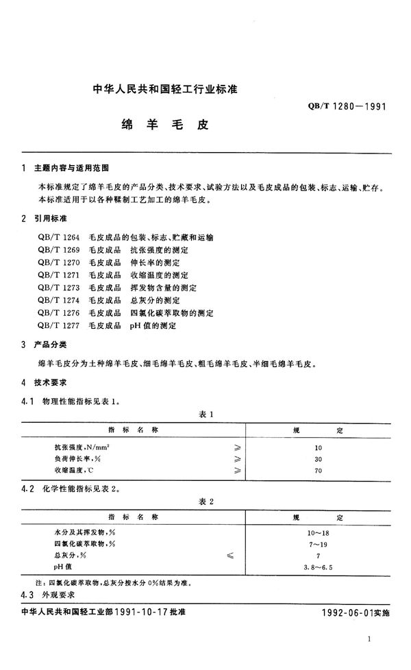 绵羊毛皮 (QB/T 1280-1991）