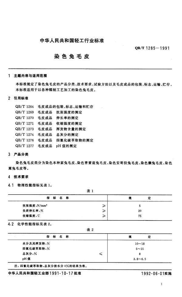 染色兔毛皮 (QB/T 1285-1991）