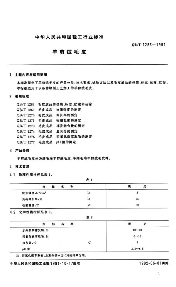 羊剪绒毛皮 (QB/T 1286-1991）