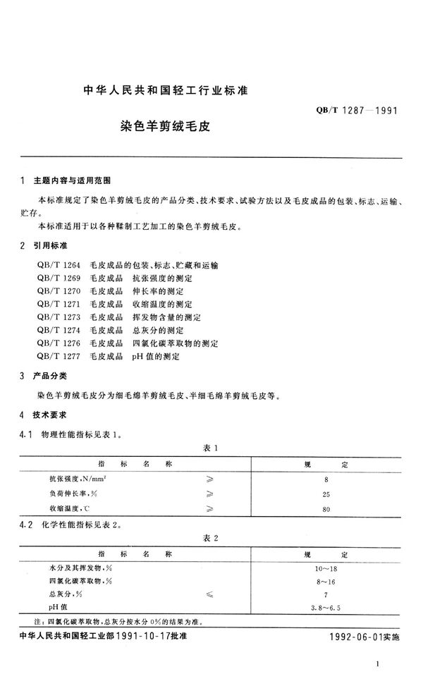 染色剪绒毛皮 (QB/T 1287-1991）