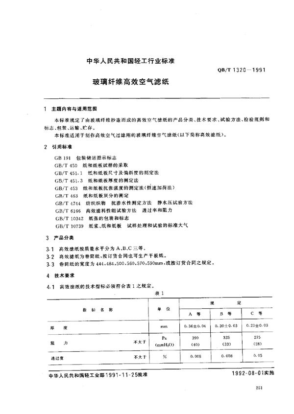 玻璃纤维高效空气滤纸 (QB/T 1320-1991)