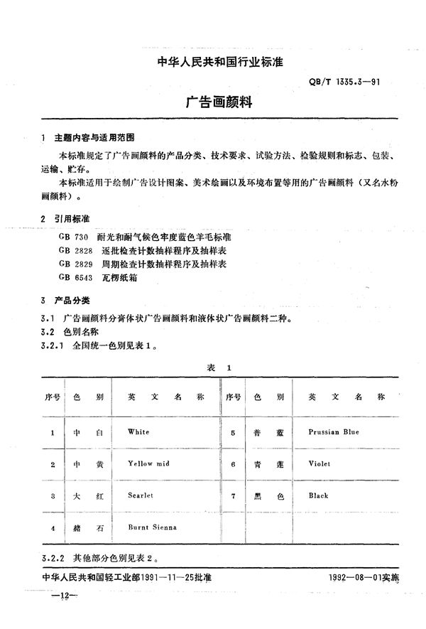 广告画颜料 (QB/T 1335.3-1991）