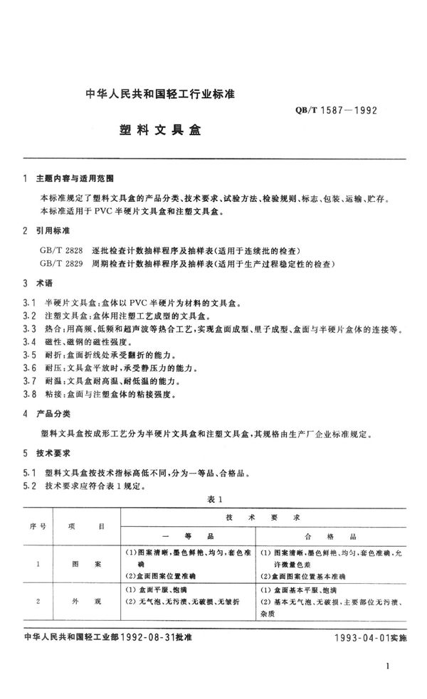 塑料文具盒 (QB/T 1587-1992）