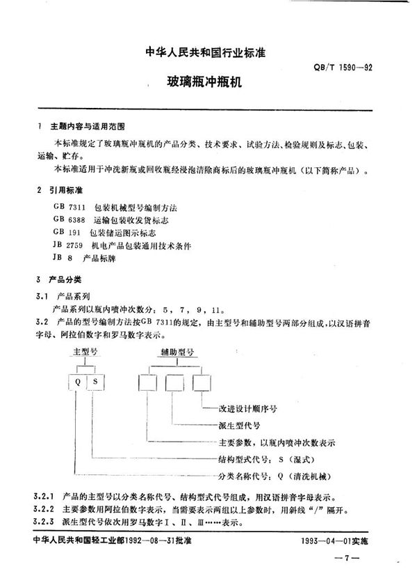 玻璃瓶冲瓶机 (QB/T 1590-1992）