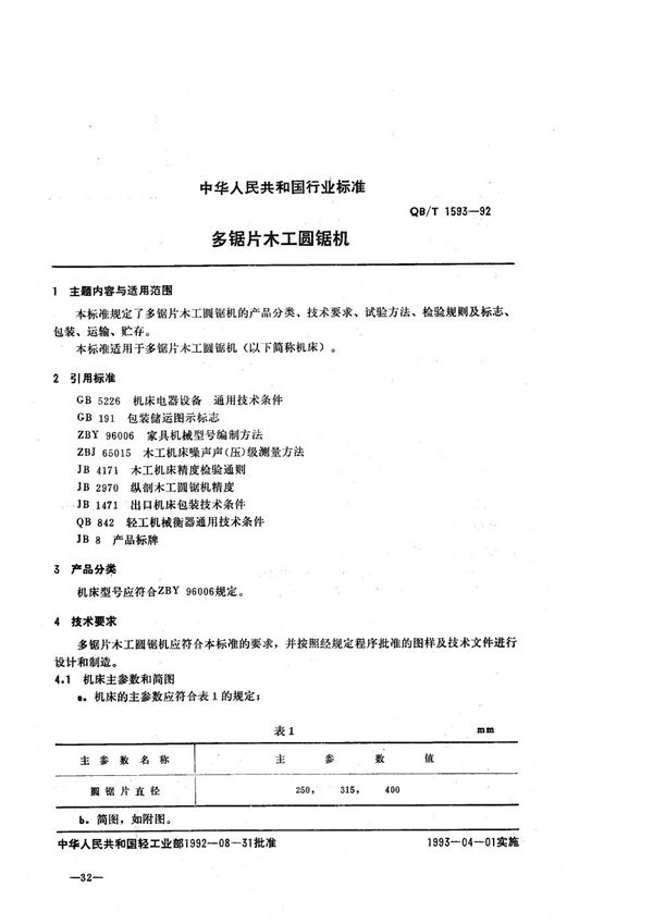 多锯片木工圆锯机 (QB/T 1593-1992）