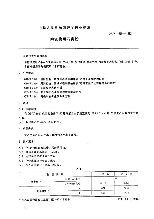 陶瓷模用石膏粉 (QB/T 1639-1992)