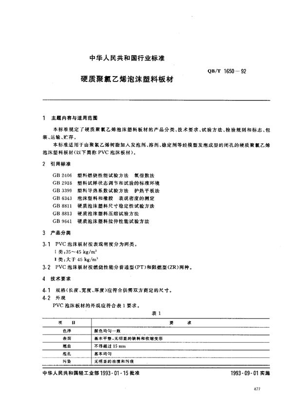 硬质聚氯乙烯泡沫塑料板材 (QB/T 1650-1992）