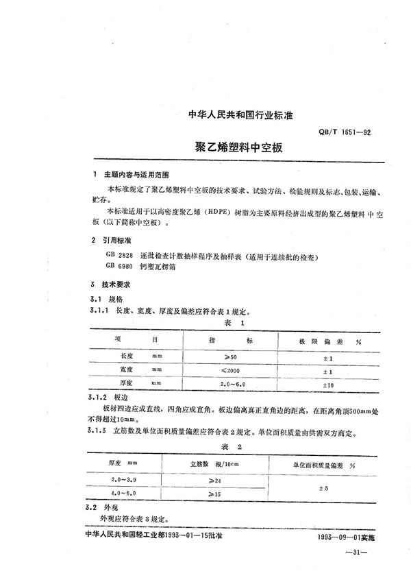 聚乙烯塑料中空板 (QB/T 1651-1992）