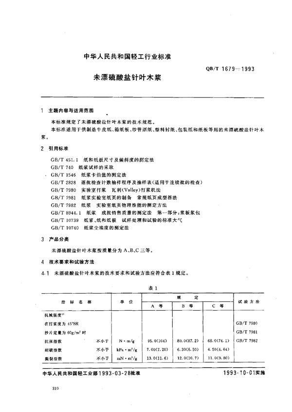 未漂硫酸盐针叶木浆 (QB/T 1679-1993)