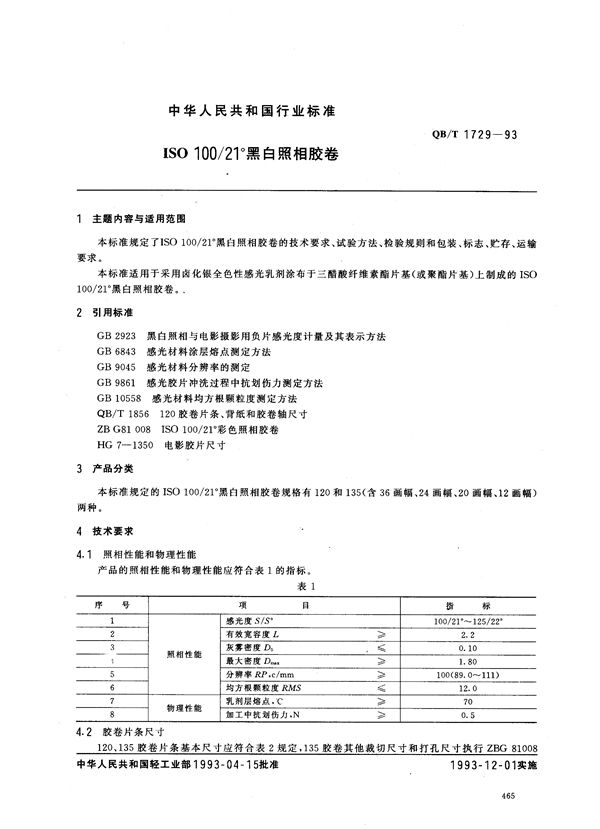 ISO 100/21°黑白照相胶卷 (QB/T 1729-1993)