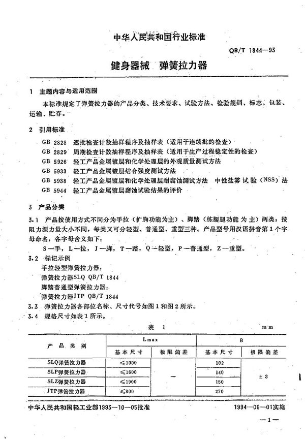 健身器械 弹簧拉力器 (QB/T 1844-1993）