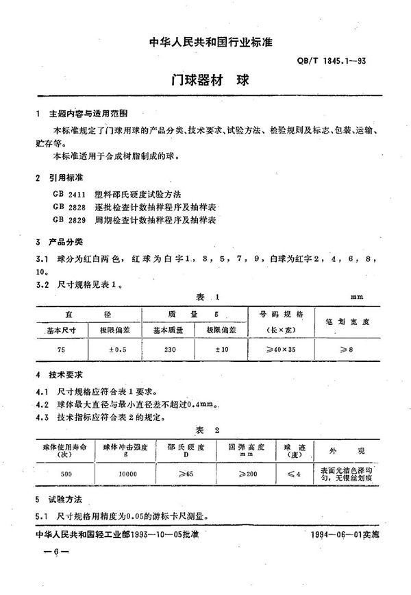 门球器材 球 (QB/T 1845.1-1993）