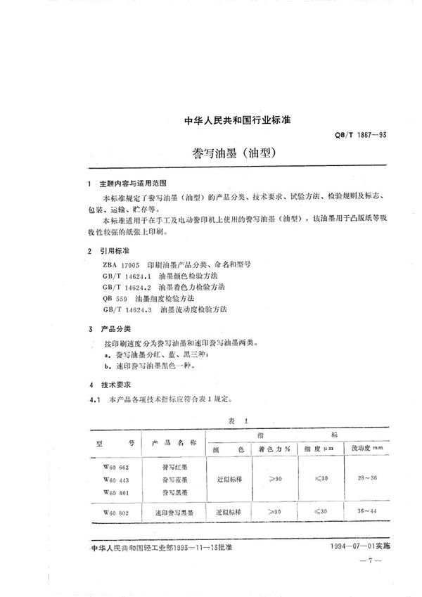 誊写油墨(油型) (QB/T 1867-1993）