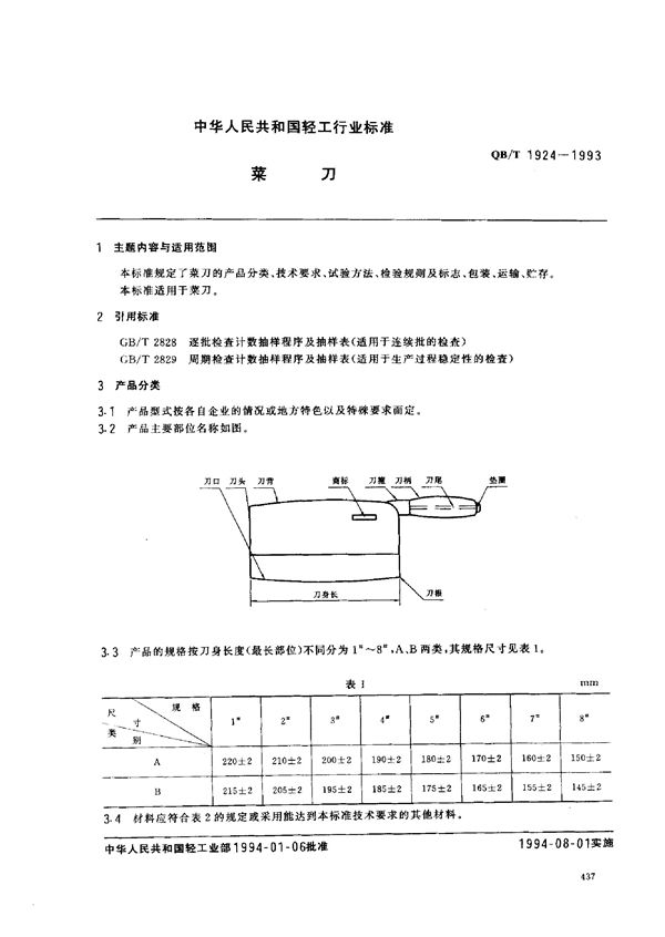 菜 刀 (QB/T 1924-1993）