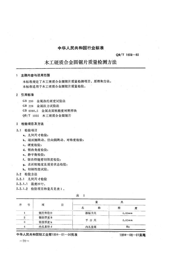 木工梗质合金圆锯片质量检测方法 (QB/T 1936-1993）