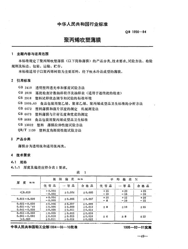 聚丙烯吹塑薄膜 (QB/T 1956-1994)