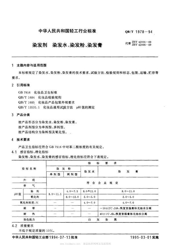 染发剂、染发水、染发粉、染发膏 (QB/T 1978-1994）