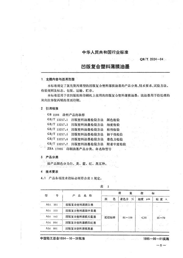 凹版复合塑料薄膜油墨 (QB/T 2024-1994）