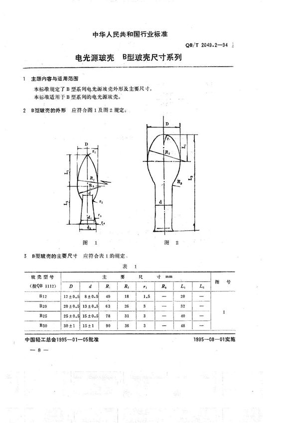 电光源玻壳  B型玻壳尺寸系列 (QB/T 2049.2-1994）