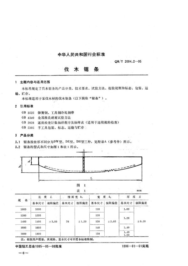 木工锯  伐木锯条 (QB/T 2094.2-1995）