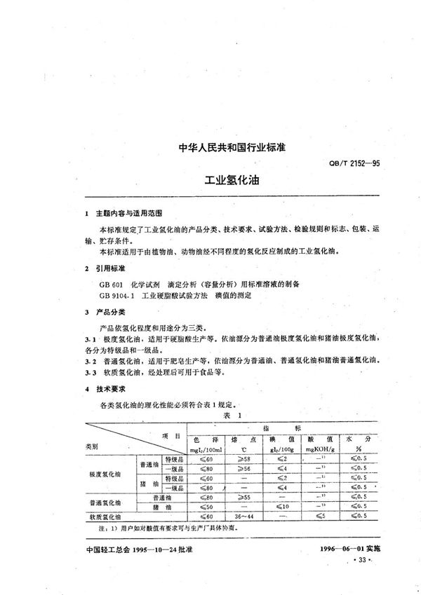 工业氢化油 (QB/T 2152-1995）