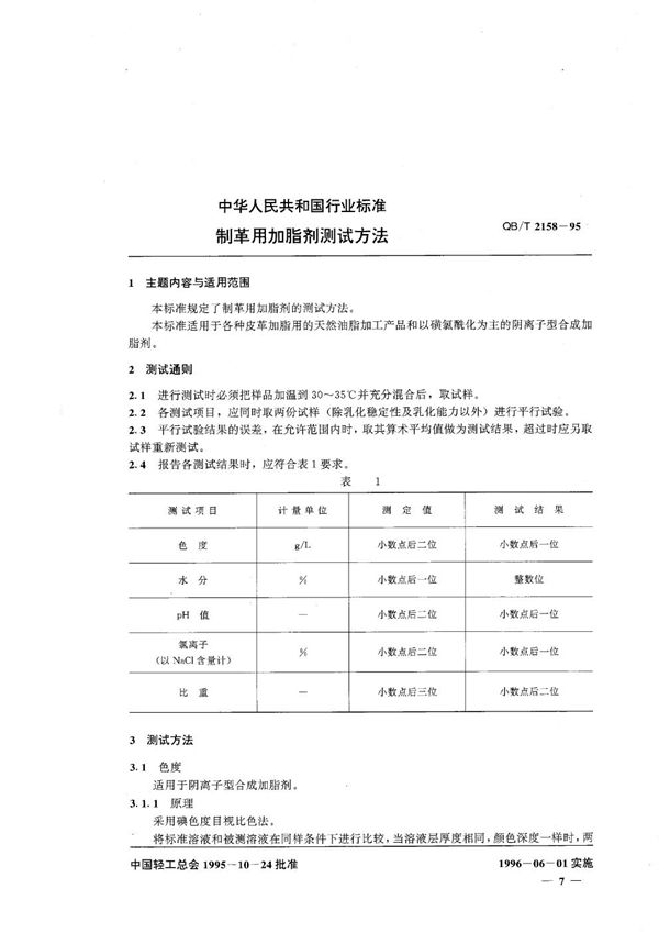 制革用脂剂测试方法 (QB/T 2158-1995）