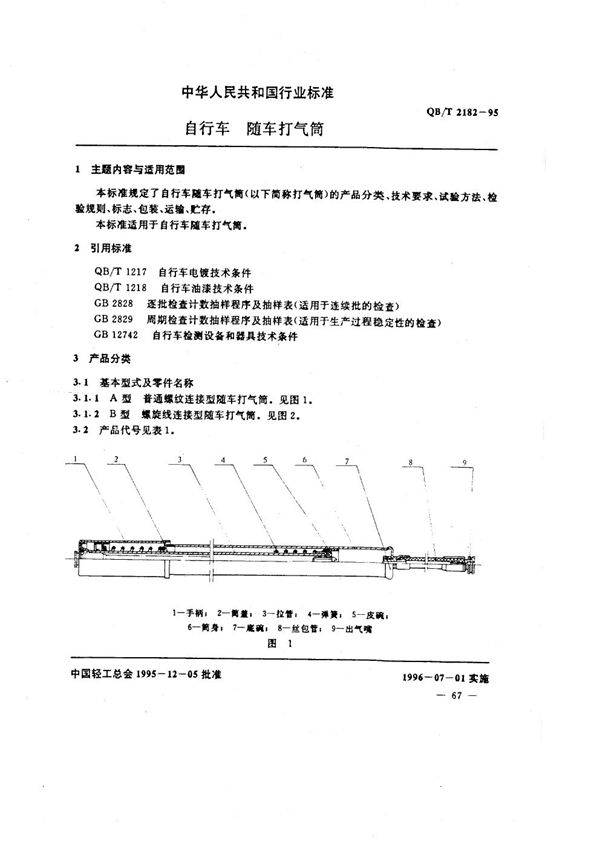 自行车 随车打气筒 (QB/T 2182-1995）