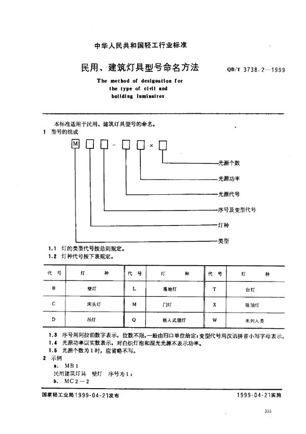 民用、建筑灯具型号命名方法 (QB/T 3738.2-1999)