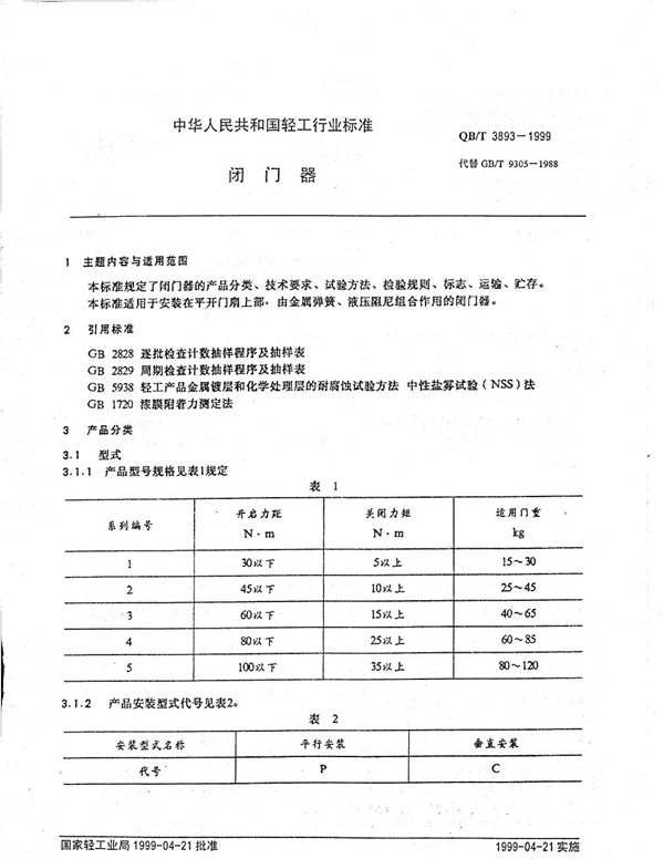 闭门器 (QB/T 3893-1999)