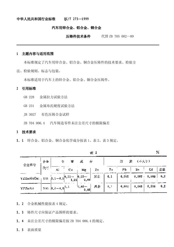 汽车用锌合金、铝合金、铜合金压铸件技术条件 (QC/T 273-1999)