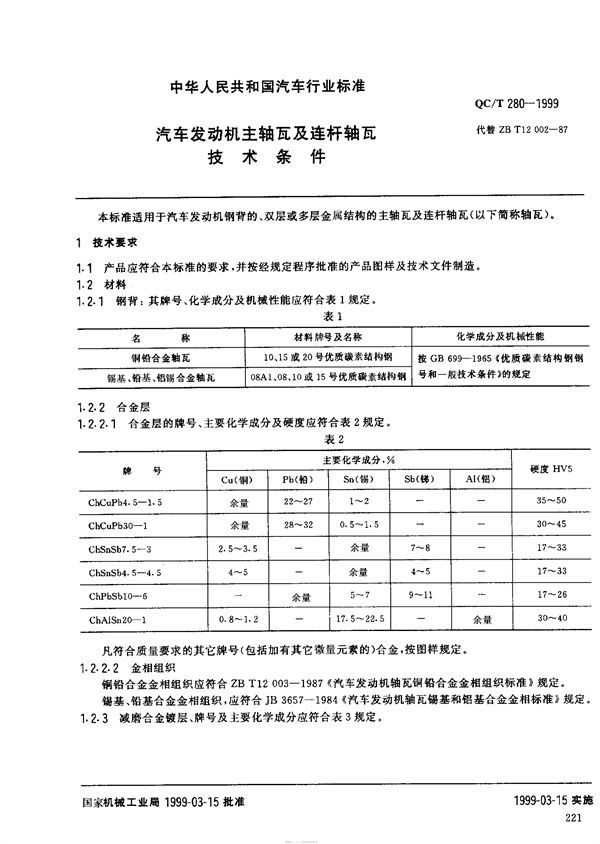 汽车发动机主轴瓦及连杆轴瓦技术条件 (QC/T 280-1999)