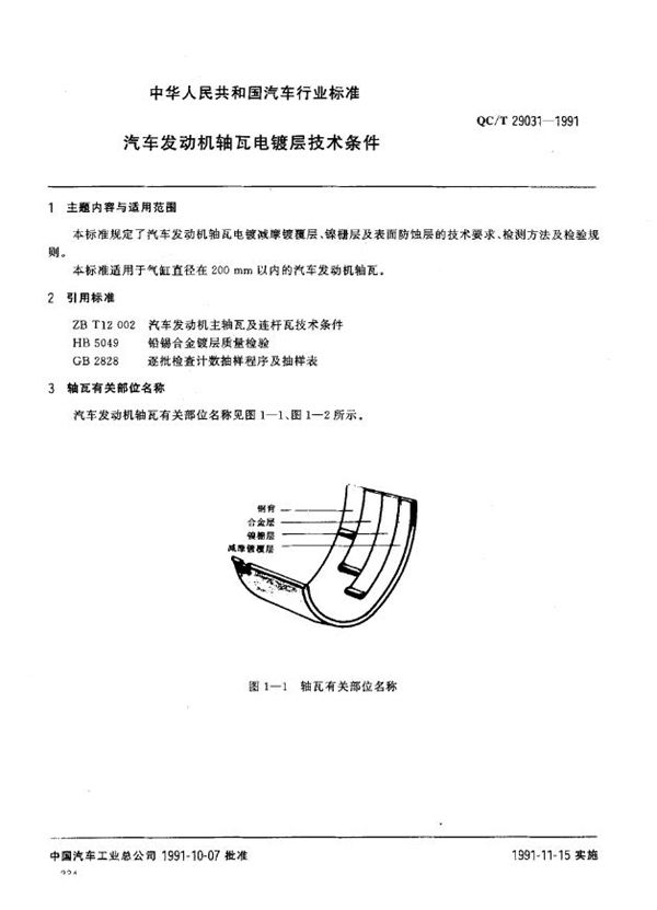 汽车发动机轴瓦电镀层技术条件 (QC/T 29031-1991)