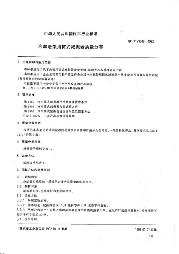 汽车悬架用筒式减振器质量分等 (QC/T 29048-1992)