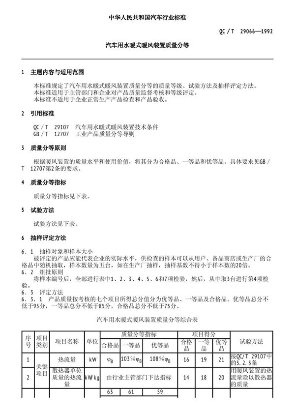 汽车用水暖式暖风装置质量分等 (QC/T 29066-1992)