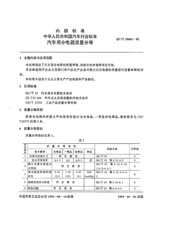 汽车用分电器质量分等 (QC/T 29081-1992)