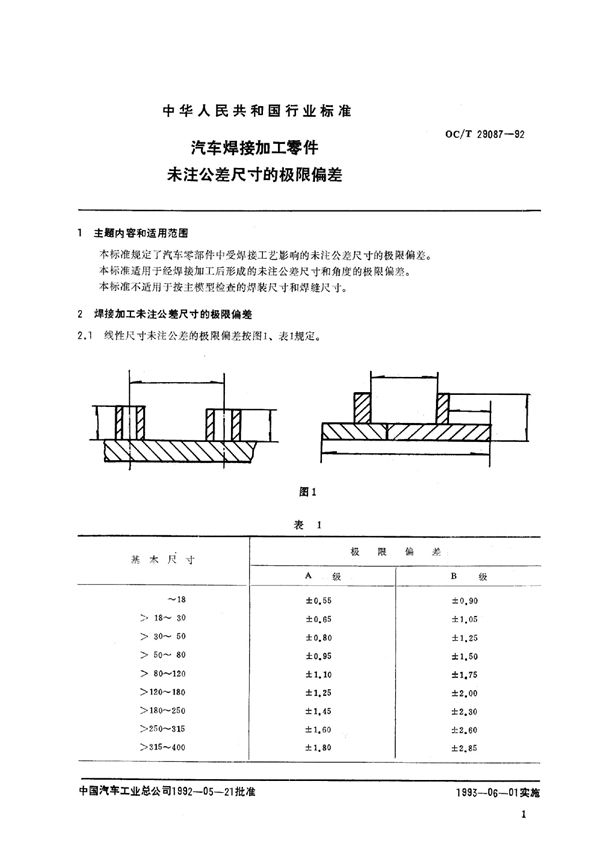 汽车焊接加工零件未注公差尺寸的极限偏差 (QC/T 29087-1992)