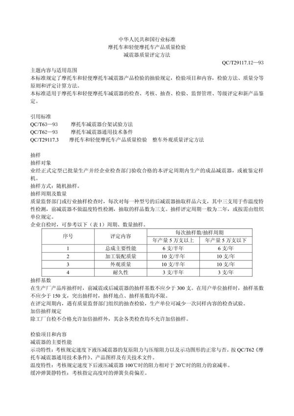 摩托车产品质量检验 摩托车减震器质量评定办法 (QC/T 29117.12-1993)