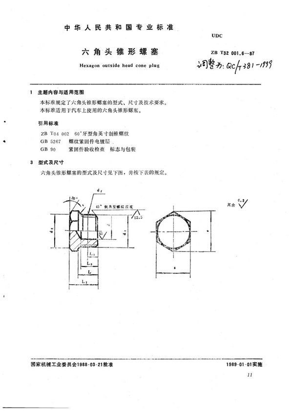 六角头锥形螺塞 (QC/T 381-1999)